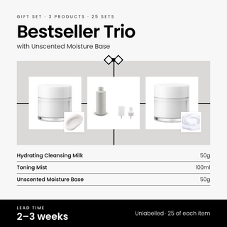 Bestseller Trio gift set with Unscented Moisture Base: Hydrating Cleansing Milk 50g, Toning Mist 100ml and Unscented Moisture Base 50g. 25 unlabelled sets, 2–3 weeks lead time.