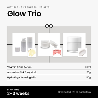 Glow Trio gift set: Natural Vitamin C Trio Serum 30ml, Australian Pink Clay Mask 70g and Hydrating Cleansing Milk 50g. 25 unlabelled sets, 2–3 weeks lead time.