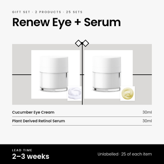Renew Eye + Serum gift set: Cucumber Eye Cream 30ml and Plant Derived Retinol Serum 30ml. 25 unlabelled sets, 2–3 weeks lead time.