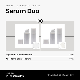 Serum Duo gift set: Regenerative Peptide Serum 30ml and Age-Defying Primer Serum 30ml. 25 unlabelled sets, 2–3 weeks lead time.
